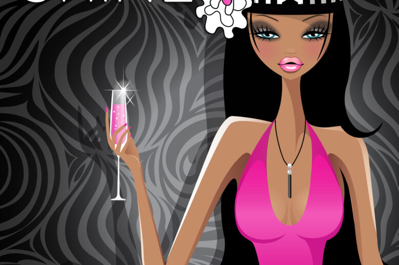 Sugarluxe | Shine Sexy Brunette Girl in Hot Pink Dress with Champagne Art