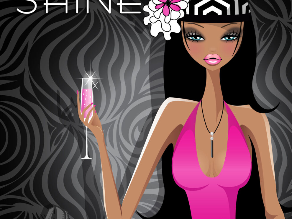 Sugarluxe | Shine Sexy Brunette Girl in Hot Pink Dress with Champagne Art