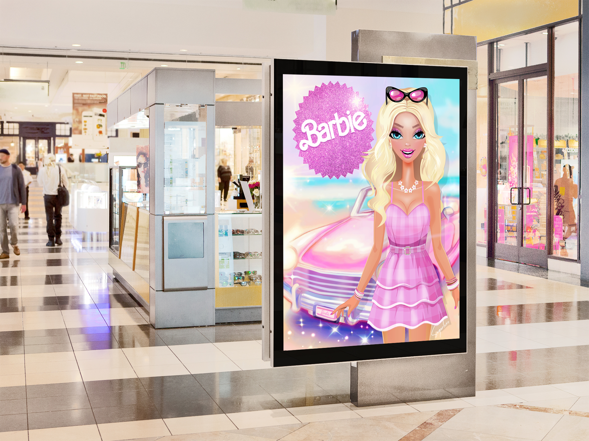 new-barbie-movie-pink-sugarluxe-art-chandra-michaels-pink-convertible-car-watercolor-billboard-mall Sugarluxe x Barbie | The Movie Poster Mall Kiosk Billboard Signage with Barbie Art