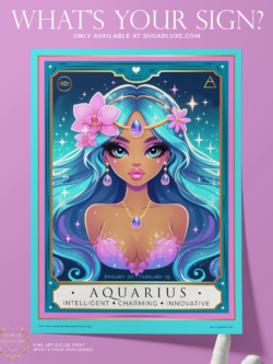 Purple, aqua, turquoise Aquarius girl art wall print horoscope zodiac series by Sugarluxe, paper print on a table