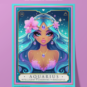 Purple, aqua, turquoise Aquarius girl art wall print horoscope zodiac series by Sugarluxe, paper print on a table