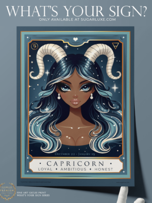 Navy blue, aqua, gray and beige artwork Aquarius girl art wall print horoscope zodiac series by Sugarluxe, paper print on a table