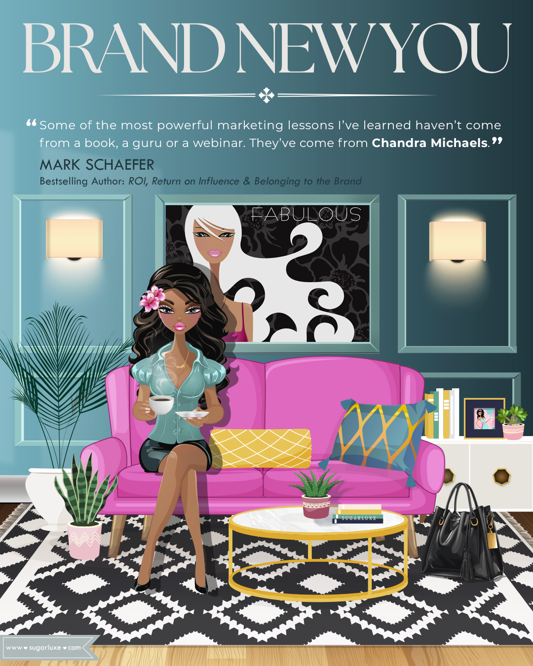 Sugarluxe by Chandra Michaels: Crafting Your Vision, Amplifying Your Voice: Transforming Brands, Empowering Entrepreneurs Illustration of Chandra Michaels, Sugarluxe Artist sitting on a hot pink sofa in a modern designed interior Call to Action for creative brands
