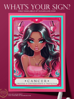 A beautiful illustration on fine art paper of a Cancer girl with flowing hair, set against serene aqua waves, accented with pink and gold hues, capturing the essence of the Cancer zodiac sign sitting on a table with the hand showing the details of the paper.