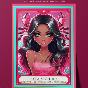 A beautiful illustration on fine art paper of a Cancer girl with flowing hair, set against serene aqua waves, accented with pink and gold hues, capturing the essence of the Cancer zodiac sign sitting on a table with the hand showing the details of the paper.