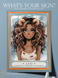 Leo lion girl artwork, zodiac art print on fine art paper, closeup detail of the premium paper quality in the the colors of light blue, orange, beige, tan, interior decor collectible designs for girly room decor to hang in dorms or your bedroom.