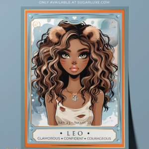 Leo lion girl artwork, zodiac art print on fine art paper in the the colors of light blue, orange, beige, tan, interior decor collectible designs