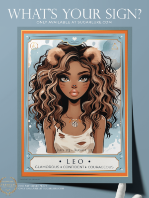 Leo lion girl artwork, zodiac art print on fine art paper, closeup detail of the premium paper quality in the the colors of light blue, orange, beige, tan, interior decor collectible designs for girly room decor to hang in dorms or your bedroom.