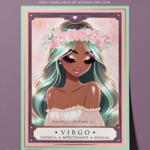 A vibrant art print featuring a stylish Virgo girl in a chic pose, surrounded by elements of astrology. The artwork combines pink, mint, and purple hues, showcasing her beauty and confidence. Ideal for astrology enthusiasts, this piece embodies the Virgo spirit and adds a touch of whimsy and elegance to any space.