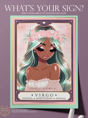 A vibrant art print featuring a stylish Virgo girl in a chic pose, surrounded by elements of astrology. The artwork combines pink, mint, and purple hues, showcasing her beauty and confidence. Ideal for astrology enthusiasts, this piece embodies the Virgo spirit and adds a touch of whimsy and elegance to any space.