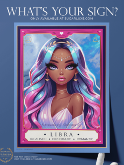 A striking depiction of a Libra girl, this fine art wall art print shown closeup on museum grade eco-friendly paper features a glamorous and seductive portrayal of the zodiac sign. The background is a blend of soft pinks and rich blues, with accents of gold adding a luxurious touch. The girl’s flowing hair and poised stance exude confidence and charm.