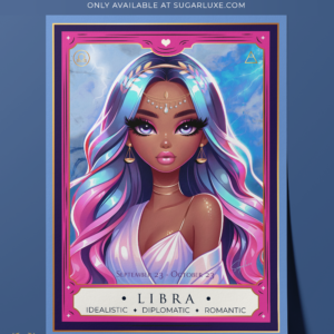 A striking depiction of a Libra girl, this wall art features a glamorous and seductive portrayal of the zodiac sign. The background is a blend of soft pinks and rich blues, with accents of gold adding a luxurious touch. The girl’s flowing hair and poised stance exude confidence and charm.