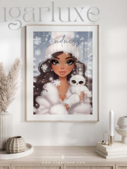 Feminine and serene, this art print depicts a brunette in a fluffy hat embracing a snow owl in snowfall. With neutral blues and beige, it’s framed beautifully to suit modern decor in cozy living spaces, dorms, or bedrooms.