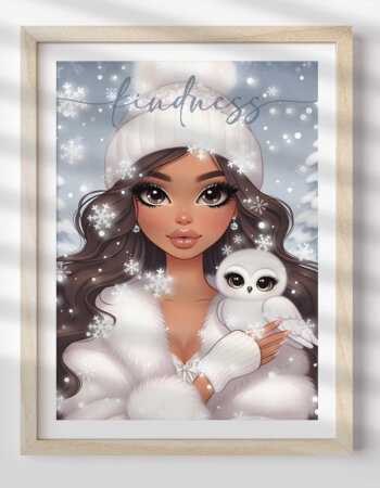 Snow Owl wall art print captures the warmth of a pretty brunette girl in a fluffy winter hat holding a snowy owl. Showcased in a stylish wood frame, it adds soft blue, beige, and white tones to your cozy dorm, bedroom, or living room decor.