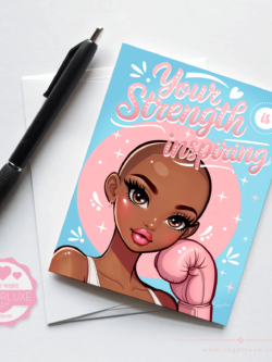 Illustration of a bald warrior woman breast cancer survivor with a boxing glove and the text "Your Strength is Inspiring" on a card. Showing her in the fight for her life.