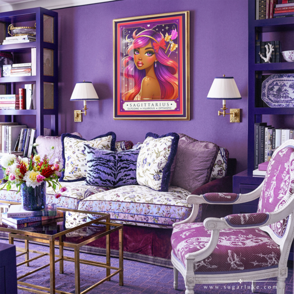 Sugarluxe's Sagittarius girl artwork set in a purple grand millennial designed room is an explosion of vibrant colors — purple, red, and hot pink — capturing the adventurous spirit of this zodiac sign. Perfect for wall art decor, framed prints, or a special birthday gift for astrology fans.