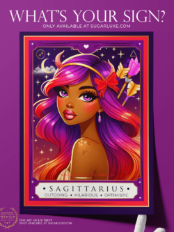 Bold and vibrant Sagittarius girl art by Sugarluxe, featuring radiant hues of purple, red, and hot pink for girls who love zodiac art and astrology.