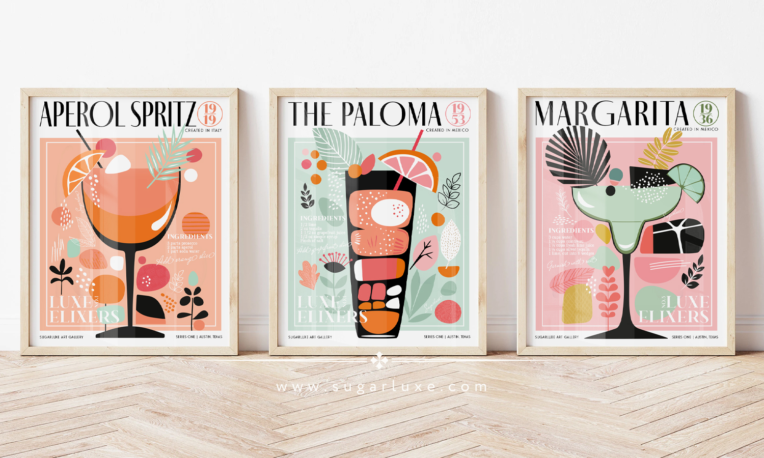 drink recipes bar cart cocktail art prints retro pink mid century modern wall decor set